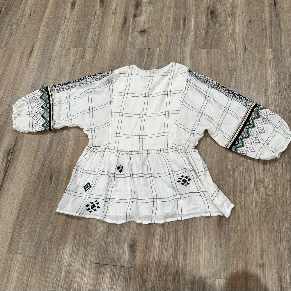 Anthropologie Embroidered Plaid Blouse - White and Green - Picture 6 of 8